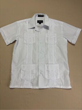 Omega White Short-Sleeve Embroidered Guayabera Shirt Boys Size Large 12-14